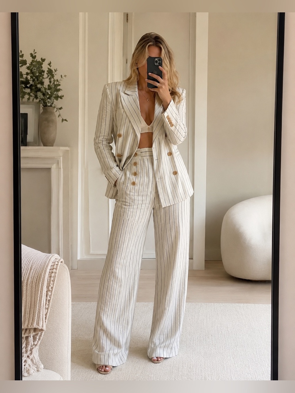Derek Lam 10 Crosby Pinstripe Linen Blend Double Breasted Suit Set White Size XS